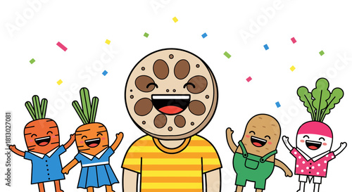 Joyful Vegetable Friends Celebration, Cheerful Characters Under Confetti Showers.