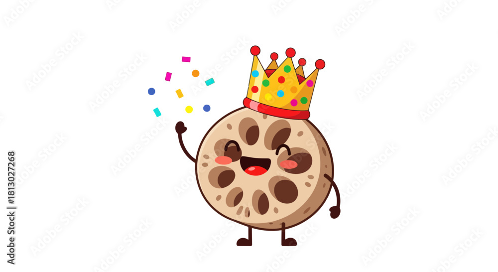 Fototapeta premium Joyful Lotus Root Cartoon King Celebrating With Colorful Confetti In the Dark