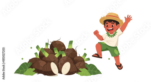 Joyful Young Explorer Next To Fresh Harvested Taro Roots On Abstract Background