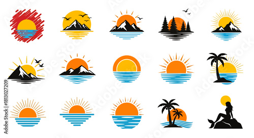 A collection of vibrant sunset vector illustrations, showcasing various landscape scenes with mountains, water, and palm trees in a clean, graphic style, suitable for design projects.