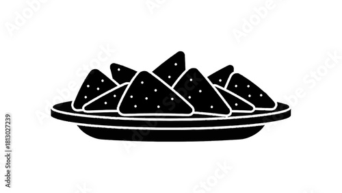 Vector illustration of black and white icon of tortilla chips served on a plate, isolated on transparent background 
