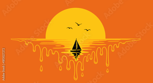 A vibrant, stylized vector illustration captures a sailboat sailing on a melting ocean during a beautiful golden sunset with birds flying overhead.