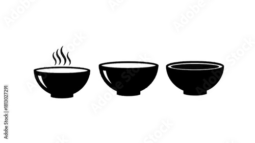 Vector illustration of three black silhouette bowls showing temperature progression hot steaming, warm, and cold liquid, isolated on transparent background 