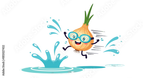 Joyful Onion Character Jumps Into Water with Splash Against Black Background in Digital Illustration
