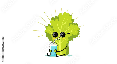Lettuce Character Enjoying Refreshing Drink with Sunglasses on Solid Black Backdrop