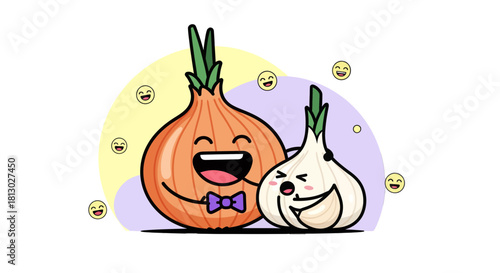 Joyful Onion And Garlic Pair Smiling and Cuddling, Cute Food Character Vector Illustration