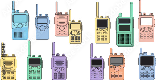 Colorful Vintage Walkie Talkies in Pastel Colors on White Background