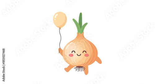 Joyful Onion Character Holding a Balloon in a Festive and Playful Display