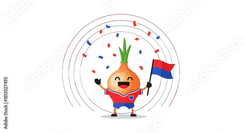 Joyful Onion Mascot Celebrating Victory With Flag And Festive Confetti Shower At Event