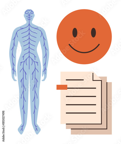 Human body nervous system diagram with brain and spinal nerves, red smile face, and document stack. Ideal for health education, neuroscience, wellness, positivity, research, medical tools simple