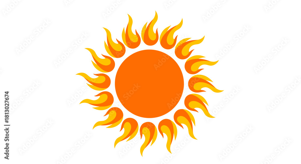 Naklejka premium A vibrant, stylized sun illustration with fiery orange and yellow rays, perfect as a graphic element for various design projects.