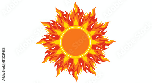 A vibrant, stylized vector illustration of a fiery sun with swirling orange and yellow flames, isolated on a clean white background, perfect for summer designs.
