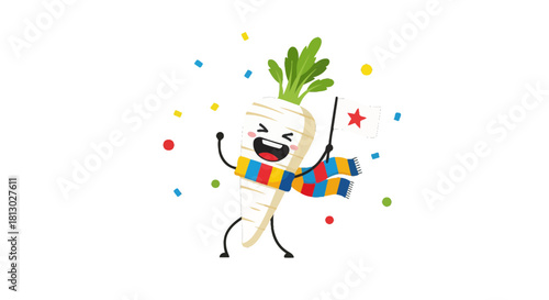 Joyful Parsnip Mascot Celebrating Victory With Pennant And Vibrant Confetti Display