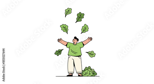 Joyful Person Celebrating Abundance With Falling Vegetable Leaves On Black