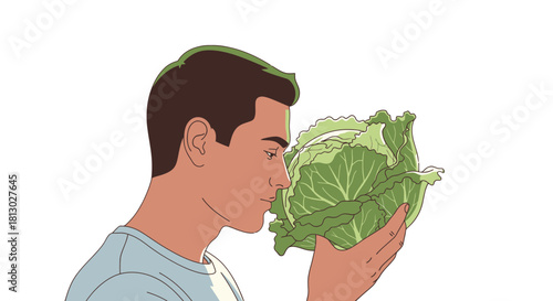 Man Appreciating Fresh Cabbage, Enjoying Its Scent, Pure Vegetarian Lifestyle