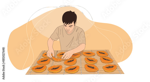 Man Carefully Arranging Papaya Slices on Woven Surface for Preparation and Drying Process