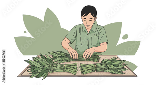 Man Carefully Assembles Green Vegetables in Preparation for Market Distribution