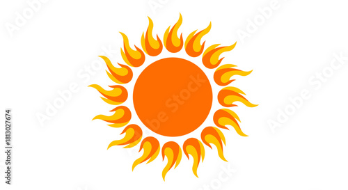A vibrant, stylized sun illustration with fiery orange and yellow rays, perfect as a graphic element for various design projects.