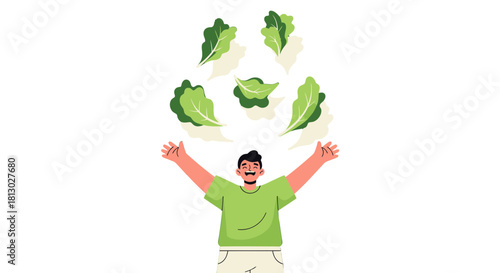 Joyful Person Celebrating Healthy Greens with Playful Leafy Toss in the Air