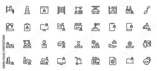 Manufacturing and Production icon set. Industrial vetor icons pack. Includes smbols for factory, roboticarm, 3d printing, worker, ngineering, delivery truckand more. Editable stroke.