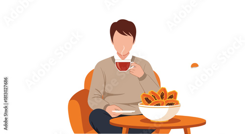 Man Enjoying Tea And Fresh Papaya Slices While Relaxing In His Home