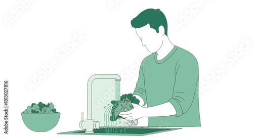Man Washing Fresh Salad Greens in the Kitchen Sink Preparing For a Healthy Meal