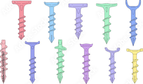 Colorful Plastic Screws in Pastel Shades on White Background