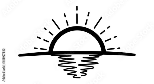 A simple, black and white vector illustration depicts a sun rising over the water, with its reflection creating a minimalist and serene scene suitable for various design projects.