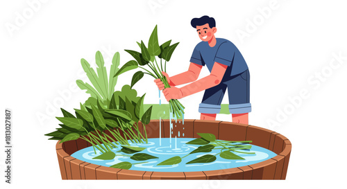 Man Washing Freshly Harvested Plants In A Wooden Tub Filled With Water