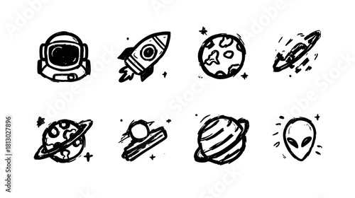 Hand-drawn doodle space exploration icons set with astronaut, rocket, planets, satellite, and alien. Cosmic sketch elements.