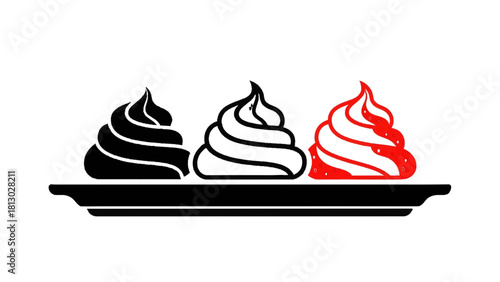 Vector illustration of three stylized swirls of whipped cream or frosting on a serving tray, isolated on transparent background 