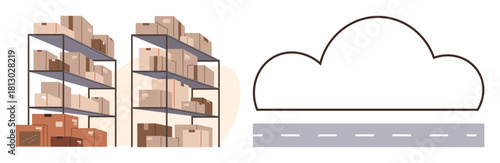 Stacked boxes on industrial racks beside a cloud outline and road strip symbolizing logistics, storage, delivery, supply chain, digitalization, innovation, connectivity, simple flat metaphor