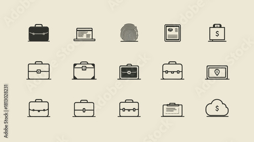 Professional Business and Finance Icons Set: Briefcases, Money, Data Security, and Digital Concepts Vector Illustration