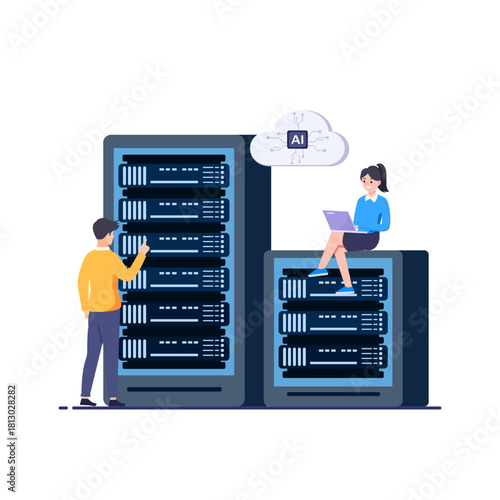 AI data center concept set for web design. artificial intelligence service, cloud processing and hosting. Flat vector illustration isolated on white background.