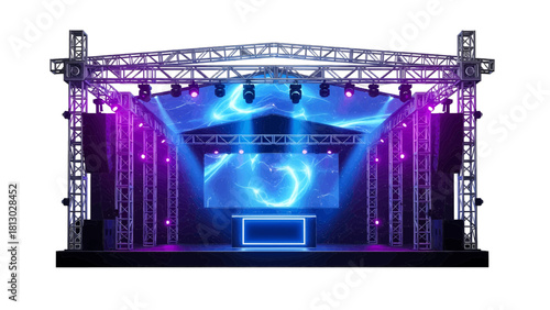 Vector illustration of modern concert stage setup with truss structure, blue and purple lighting, isolated on transparent background 