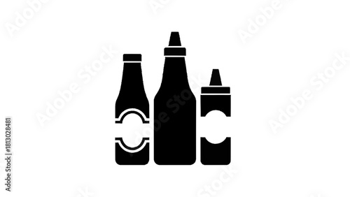 Vector illustration of black silhouette icon set of three different condiment bottles including ketchup and mustard isolated on transparent background 