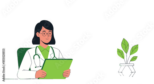 Medical Professional Examining Charts With Nature-Inspired Aesthetics And Modern Digital Composition