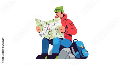 Mapping Adventures: A Hiker's Exploration with Topographic Maps and Backpack