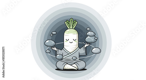 Meditating Daikon Radish Cartoon balancing stones in a circle of calm and peace