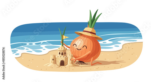 Onion Animated Character Enjoying Fun in The Sun, Building a Sandcastle, at The Beach