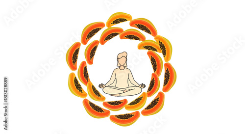 Meditating Figure Surrounded by Papaya Slices on a Black Background Conceptual Artwork