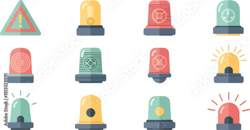Collection of Colorful Emergency Warning Lights and Sirens on White Background