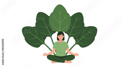 Meditating Figure with Giant Leaves in Peaceful and Relaxing Illustration
