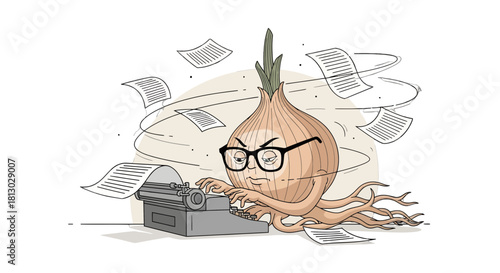 Onion Animated Writing With Glasses and Typewriter Creating Creative Documents Effortlessly