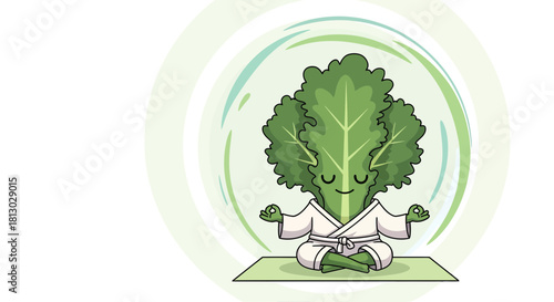 Meditating Lettuce Cartoon In Yoga Pose Inside A Geometric Green Circle Illustration
