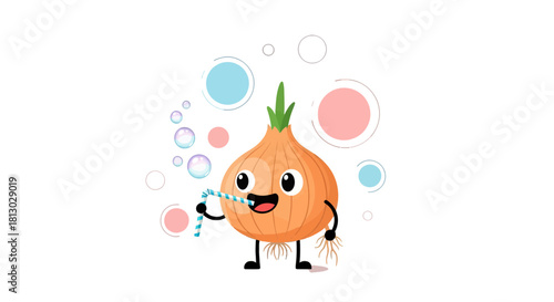 Onion Animated With Straw, Bubbles, Smiles, and Black Background, Vector Illustration Design