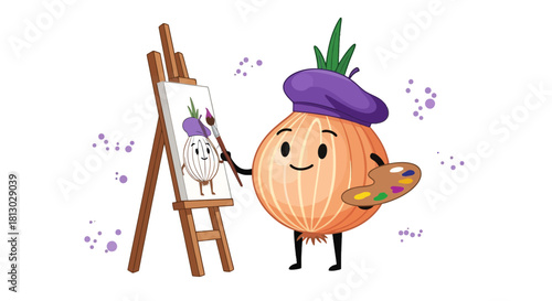 Onion Artist Painting a Portrait of Himself on a Canvas with a Black Background
