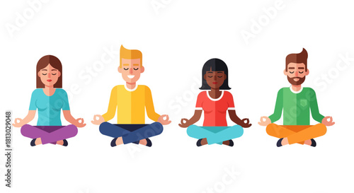 Meditating People Achieving Inner Peace In Vibrant Color Illustration On Black Background