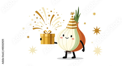 Onion Celebrating With Fireworks and Present on Black Background Cheerful Illustration