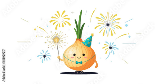 Onion Celebrating With Fireworks and Party Hat On Black Background for Celebration